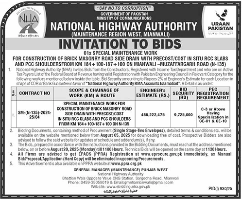 National Highway Authority Mianwali Tender Notice-1